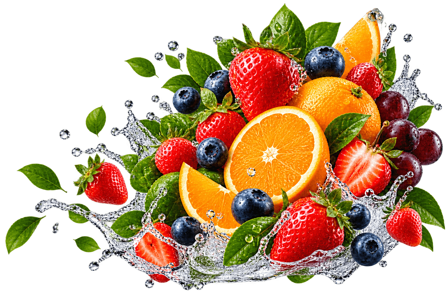 Fresh strawberries, oranges, blueberries and grapes with a splash of water