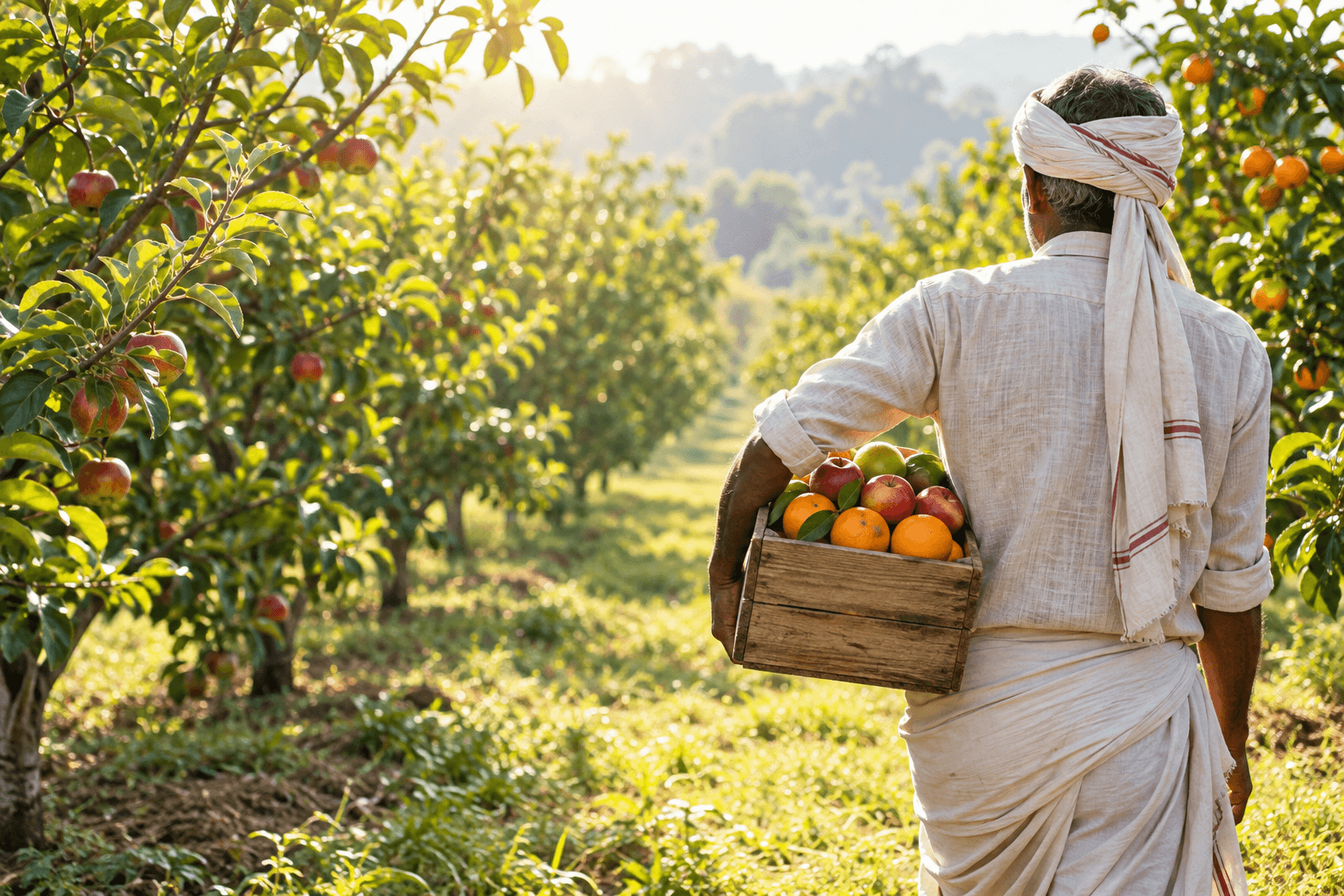 A farmer carrying freshly harvested fruit through an orchard