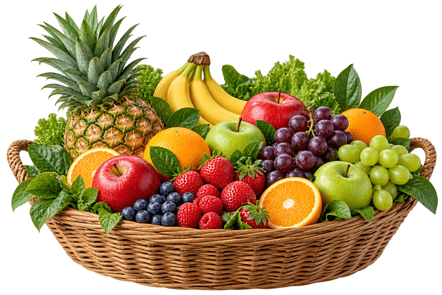 A harvest basket filled with fresh fruit